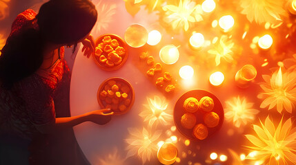 3D Bhai Dooj Feast Preparation: Glowing Digital Art of Mother & Daughter Making Sweets with Joyful Abstract Background