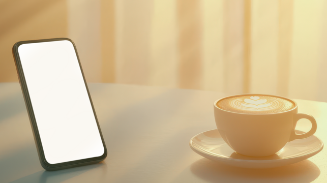Transparent smartphone screen tilted on table with cup of coffee and warm sunlight