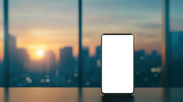Transparent smartphone screen on table with blurred sunset city skyline in the background