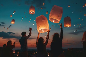 A joyful celebration as people release glowing lanterns into the evening sky over a river during a vibrant festival in the city