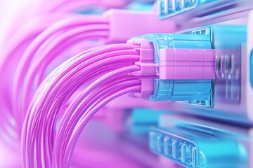 Close up of pink and purple fiber optic cables with glowing connectors representing high speed internet connection and advanced telecom technology
