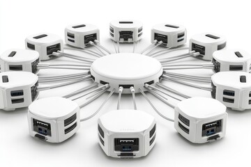 Circular arrangement of black and white network hubs connected with cables symbolizing interconnected systems and centralized data flow management