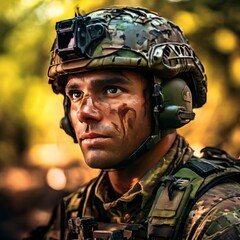 A close-up portrait of a soldier in full combat gear, his face smeared with mud and paint, showing determination and resilience. The warm, golden tones of the background contrast with his intense