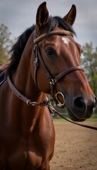 Obraz premium Majestic brown horse wearing a bridle and looking confidently at the camera in an outdoor arena