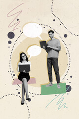Composite trend artwork sketch image photo collage of workspace coworking cooperation two person...