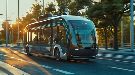 Fototapeta premium Futuristic bus drives on a city street. The bus has a modern design and is likely autonomous or electric. It represents a vision of the future of transportation.