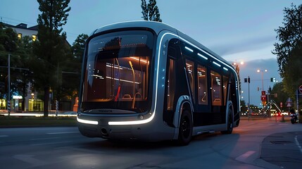Fototapeta premium Futuristic bus design concept with sleek lines and modern technology, illuminated against the cityscape at night.
