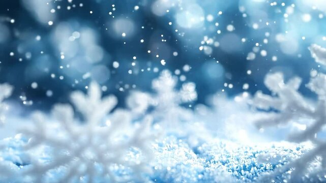 A snow-covered field with three snowflakes on the ground. The snowflakes are small and white, and they are scattered throughout the field. The image has a peaceful and serene mood