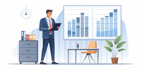 Flat Candid Illustration of Business Analyst Analyzing Coupon Impact on Retail Promotions through Digital Dashboard | Data-Driven Marketing Visual