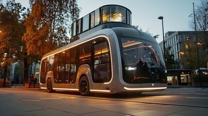 Obraz premium Futuristic electric bus parked on a city street, showcasing modern design and innovative technology.