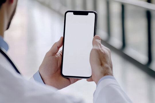 Aged female general practitioner holding modern smart phone in hands, close up screen view with white mock up, doctor working on-line, making calls, check schedule, jotting information, takes notes