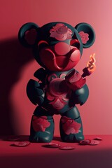 Cartoon Bear Holding a Torch with Floral Motifs