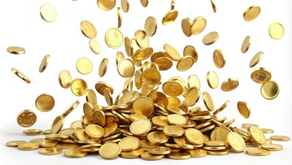 Gold coins are raining down and piling up to form a small mountain of gold on a white background