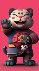 Naklejka premium Cheerful Cartoon Tiger Holding a Bouquet