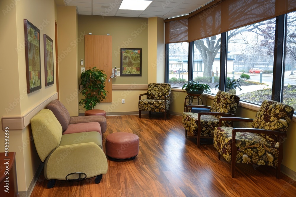 Poster comfortable waiting area with modern seating and large windows overlooking a serene outdoor view dur