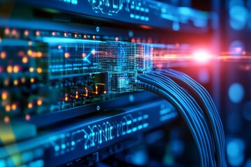 Naklejka premium Dynamic blue and red fiber optic cables glowing with data flow representing high speed internet and advanced digital communication technologies