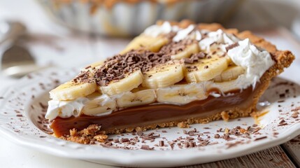 A decadent and indulgent slice of banoffee pie, with a buttery crust, a layer of toffee, fresh bananas, and whipped cream