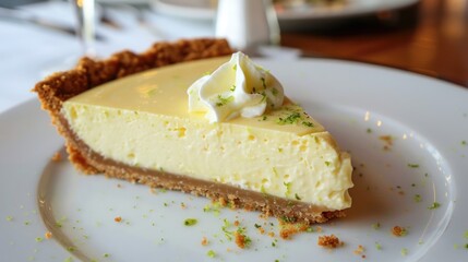 A decadent and indulgent slice of key lime pie, with a tangy custard filling in a buttery graham cracker crust
