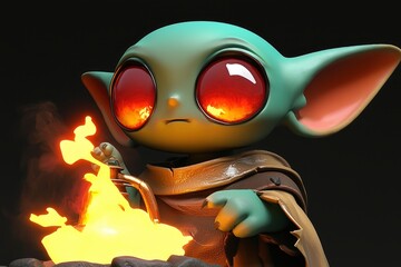 Fototapeta premium Adorable Green Alien with Large Red Eyes by Fire