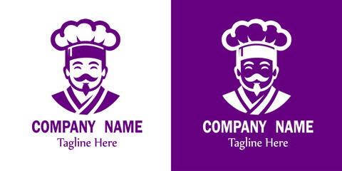 Illustration of a smiling chef with a distinctive goatee and mustache, wearing a traditional Japanese, Chinese, Korean chef's hat and uniform. Suitable for brand logos related to food, restaurants