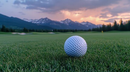 White golf ball on a tee against a backdrop of majestic mountains and sunset skies, capturing a serene golfing moment.