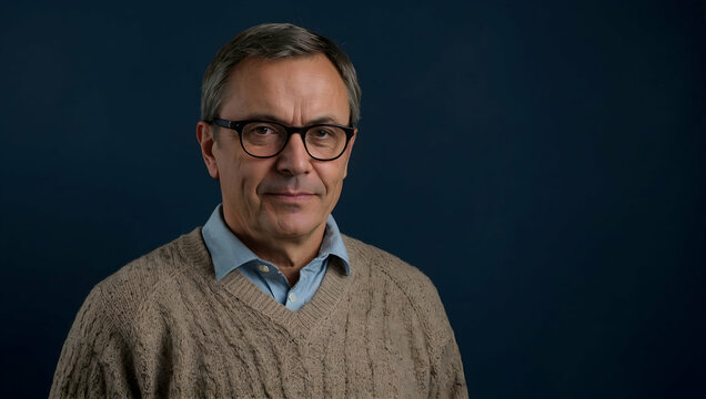 Portrait of a Confident Man: A professional headshot of a mature man with glasses, exuding confidence and intelligence.  Perfect for corporate profiles, leadership articles, and executive headshots. 