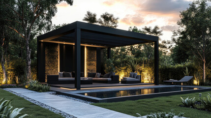A black, modern gazebo with a white sofa and chairs inside it stands on the wooden deck of an outdoor pool at sunset. 