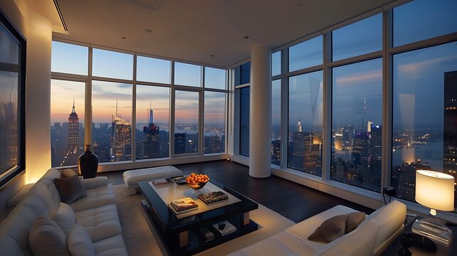 Luxurious penthouse living room with floor to ceiling windows for panoramic city skyline night view modern interior and lifestyle concept.