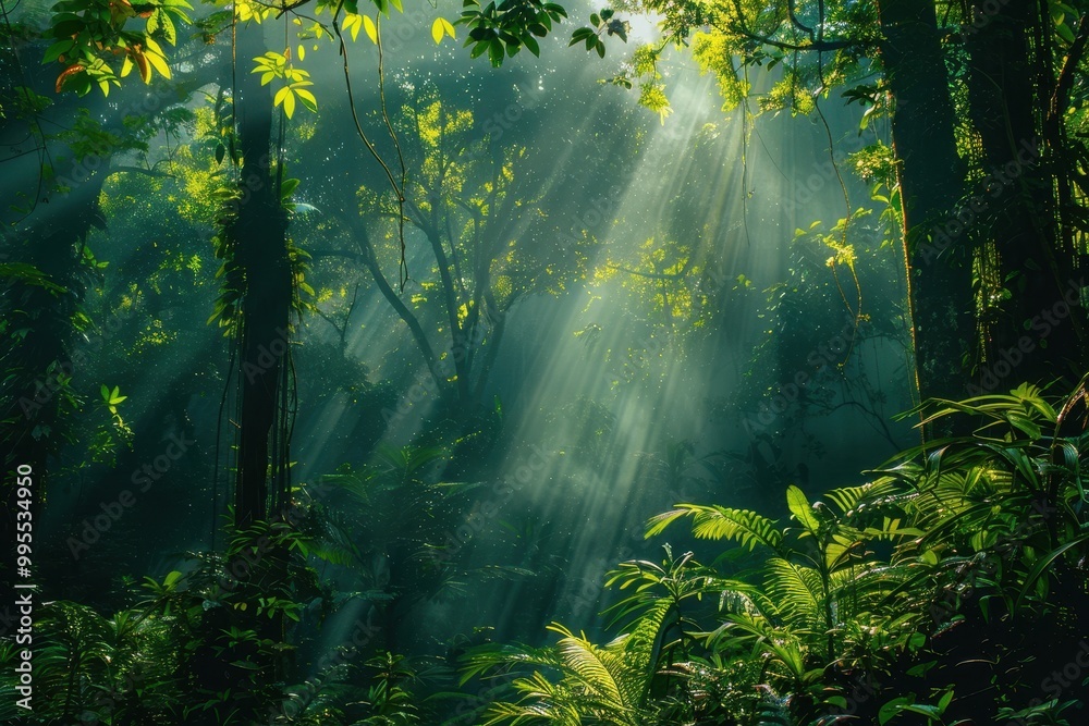 Poster sunlight filters through dense foliage in a vibrant tropical rainforest during early morning, illumi
