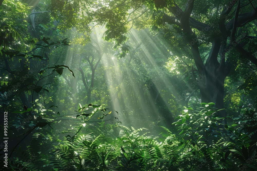 Aufkleber sunlight filters through dense foliage in a vibrant tropical rainforest during early morning, illumi