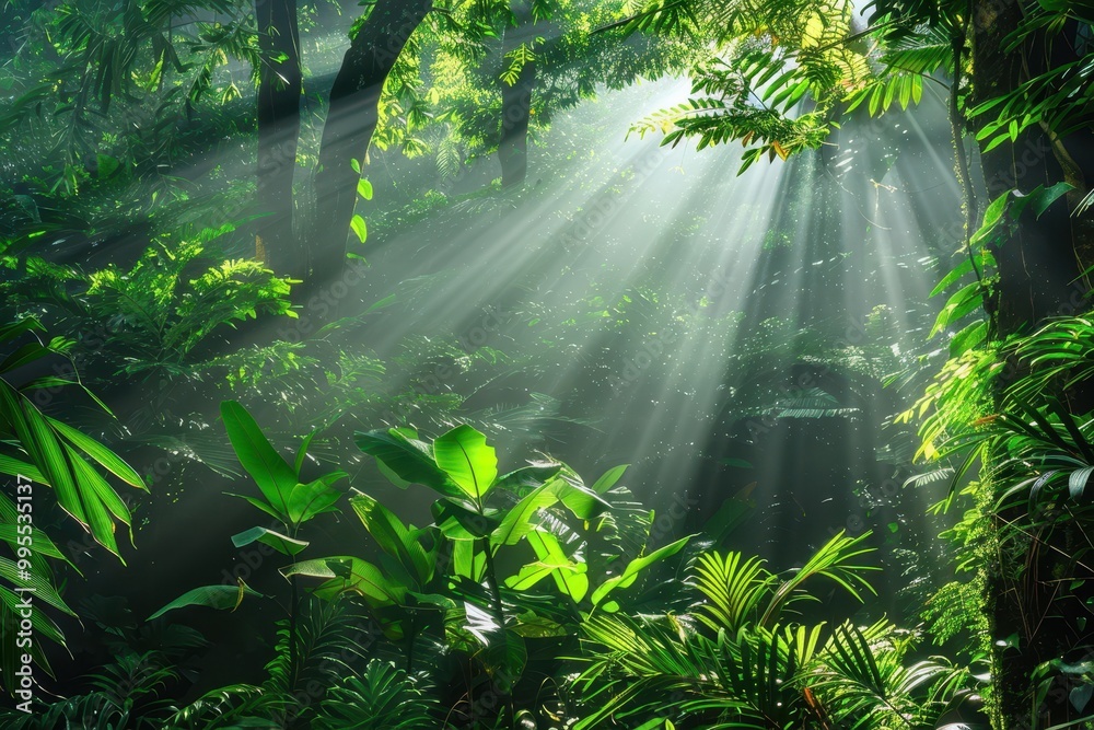 Poster sunlight filters through dense foliage in a vibrant tropical rainforest during early morning, illumi