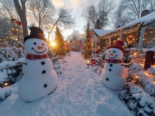 Festive Snowman Family in Snowy Backyard - Holiday Cheer and Christmas Decorations, GoPro HERO9 Black Wide Angle Shot