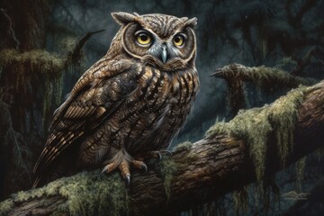 A detailed illustration of an owl perched on a mossy branch.