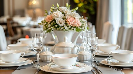 Fototapeta premium Elegant Table Setting with White China Roses and Glassware