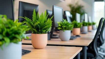 Green Plants on Modern Office Desks with Computers