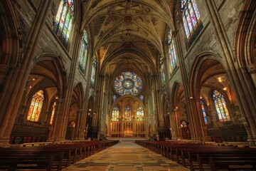 Fototapeta premium A stunning medieval cathedral interior with colorful stained-glass windows illuminating the tranquil space during sunset