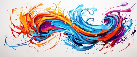 A dynamic, abstract depiction of a vibrant splash of paint, featuring bold swirls of blue, orange, and purple. The energetic movement and bright colors make this a striking image for various creative