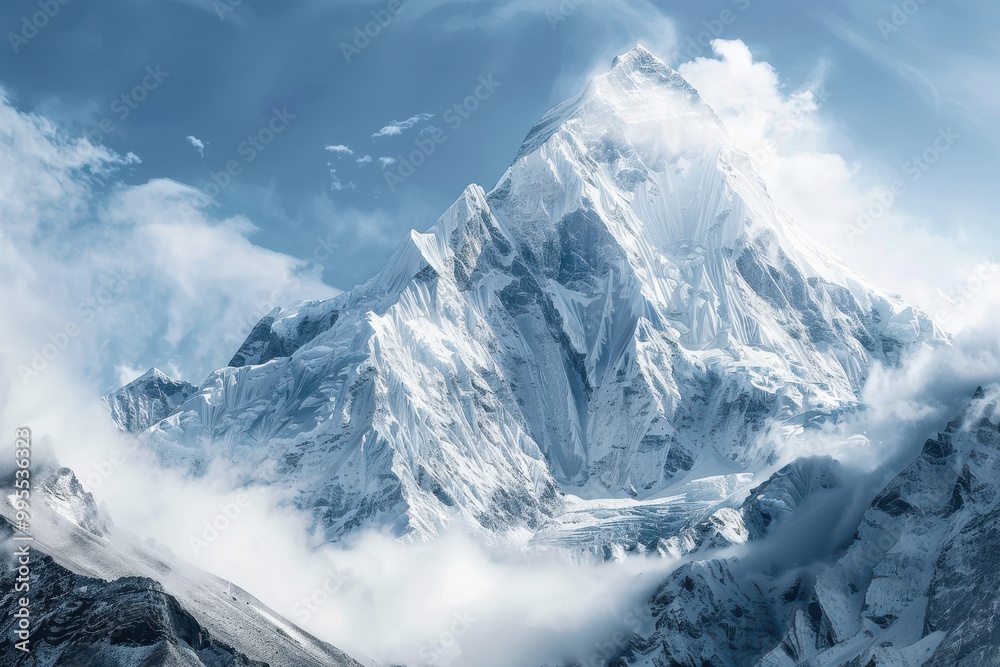 Aufkleber majestic snow-covered mountains under a clear blue sky with gentle snowfall creating a serene winter
