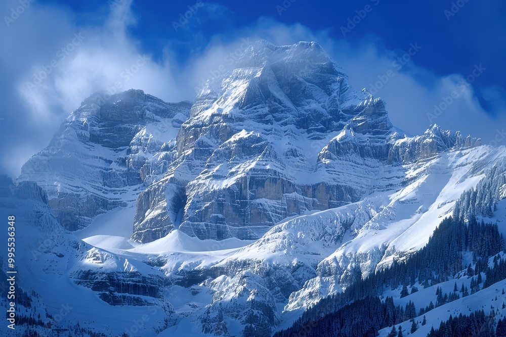 Aufkleber majestic snow-covered mountains under a clear blue sky with gentle snowfall creating a serene winter