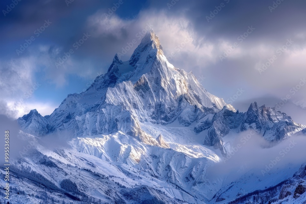 Aufkleber majestic snow-covered mountains under a clear blue sky with gentle snowfall creating a serene winter