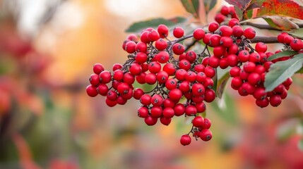 Bright clusters of red berries on a shrub in autumn foliage under soft natural light at a garden