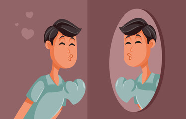 Narcissistic Man Blowing Kisses in the Mirror Vector Cartoon. Cheerful guy being obsessed with his image feeling proud 
