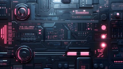 Futuristic tech elements in a sleek grid pattern on a muted gray background