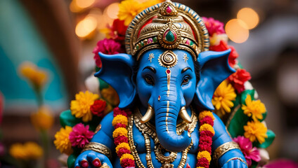 Fototapeta premium Ganesha, the Remover of Obstacles: A vibrant, colorful statue of Ganesha, the Hindu deity of wisdom and prosperity, adorned with garlands and flowers.
