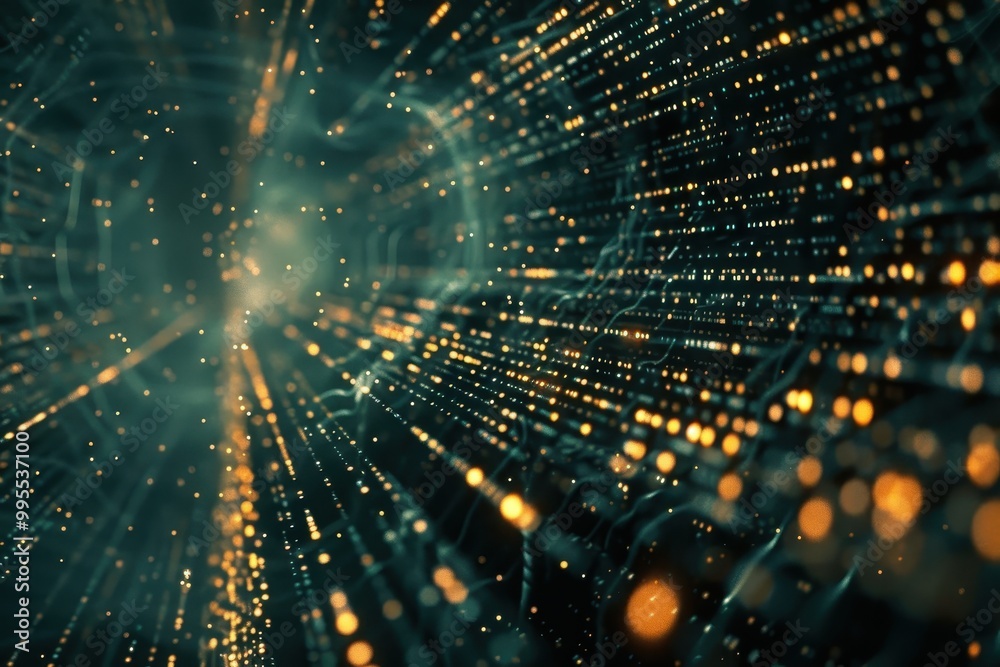 Poster a vibrant digital corridor illuminated with colorful light trails creating a futuristic atmosphere i