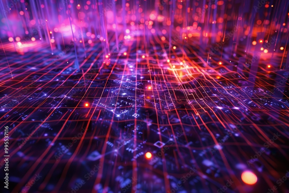 Poster A vibrant digital corridor illuminated with colorful light trails creating a futuristic atmosphere in a modern urban setting during nighttime