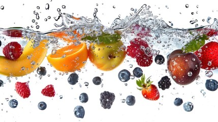 various fruits falling from a height, splashing into water, with fresh detail, isolated on a white background