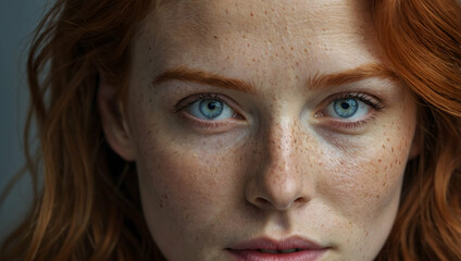 Fototapeta premium Intriguing Gaze: Close-up portrait of a woman with striking blue eyes, soft freckles, and vibrant auburn hair, capturing a moment of quiet contemplation and captivating beauty. 