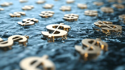 3D Glossy Cash Flow Background with Floating Financial Symbols for Corporate Marketing and Financial Services � Sleek Design on Reflective Surface