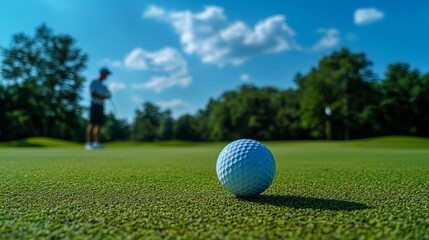 Golfer preparing to swing on a sunny day, focus on golf ball in front of hole, serene green course backdrop.